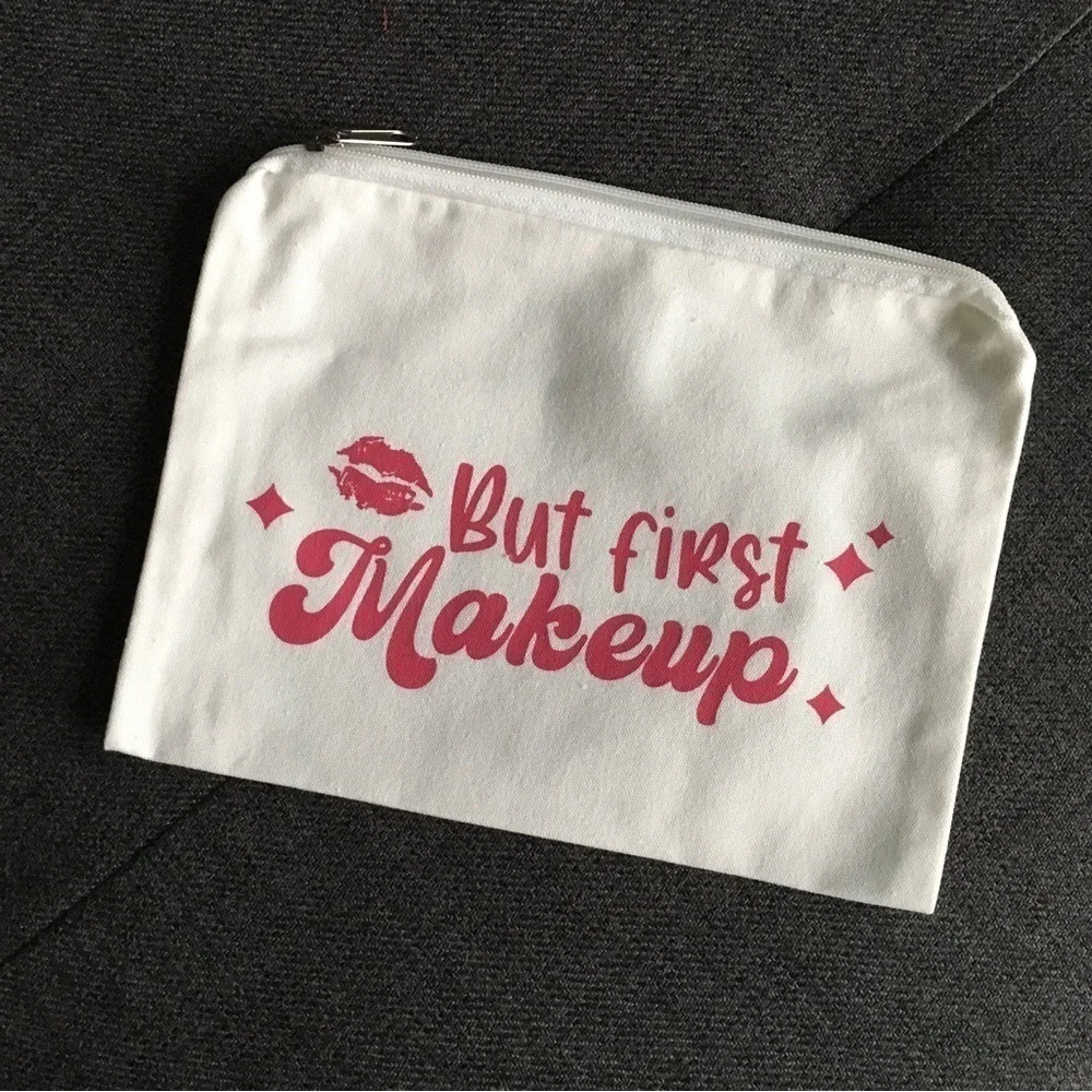 “But First Makeup” Makeup Bag, Travel Pouch, Ivory, Pink